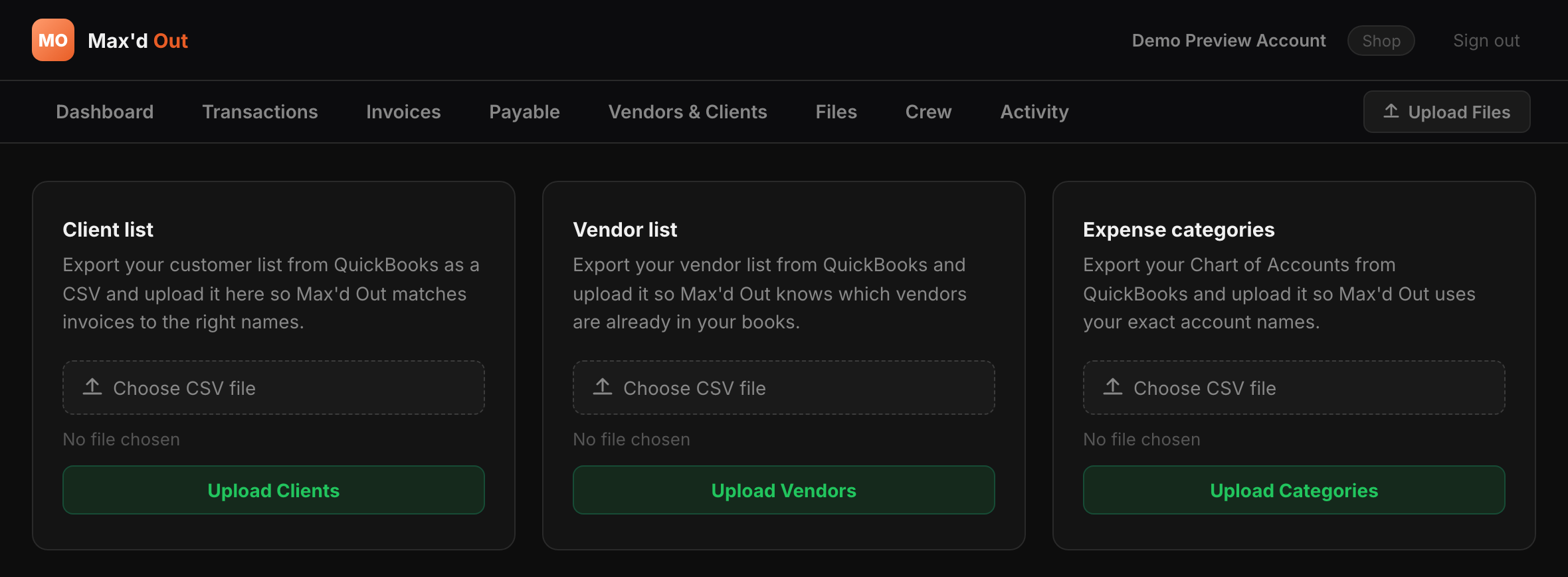 Max'd Out portal Upload tab showing Client list, Vendor list, and
                      Expense categories upload cards